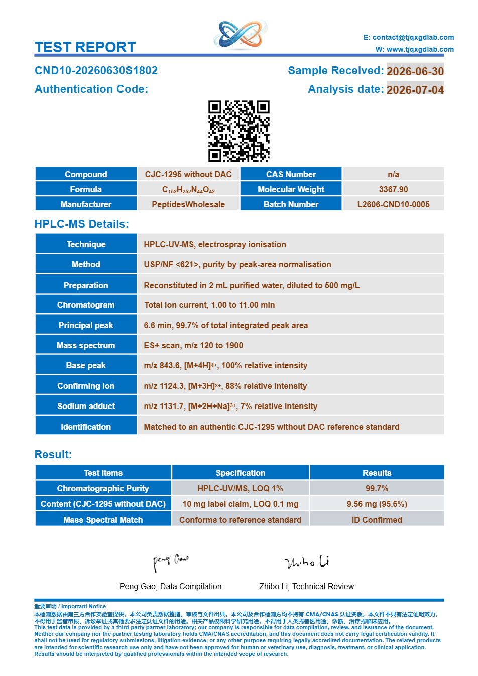 Analysezertifikat, CJC-1295 no DAC 10 mg, Charge CND10-20260630S1802, 99.7% HPLC-Reinheit