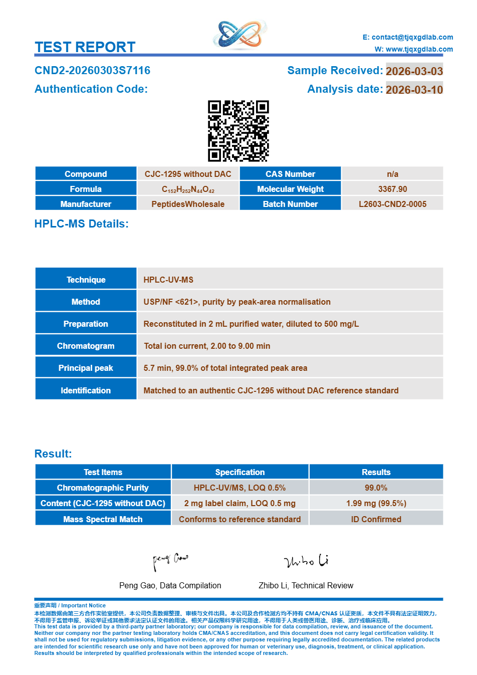 Analysezertifikat, CJC-1295 no DAC 2 mg, Charge CND2-20260303S7116, 99.0% HPLC-Reinheit