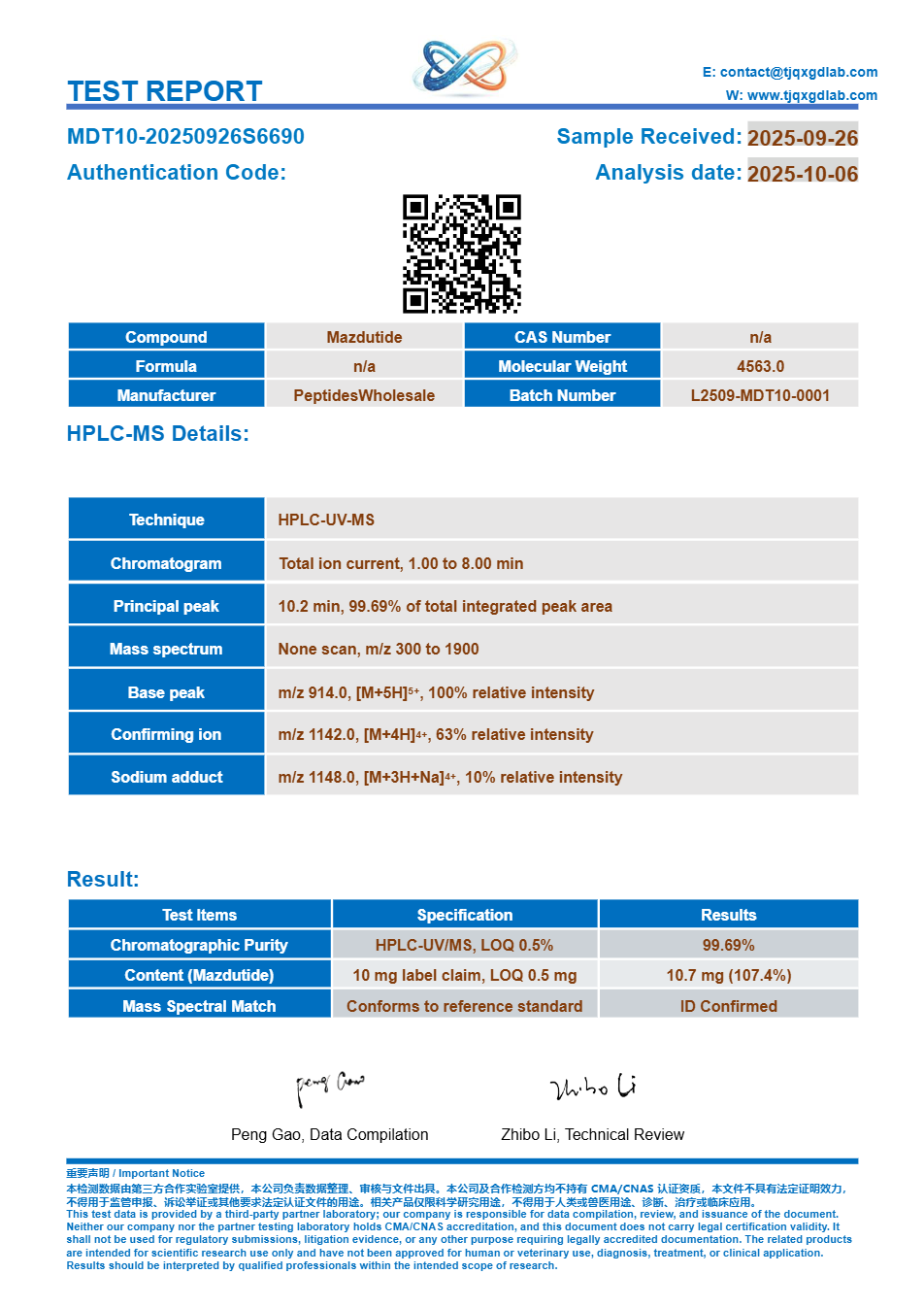 Analysezertifikat, Mazdutide 10 mg, Charge MDT10-20250926S6690, 99.7% HPLC-Reinheit