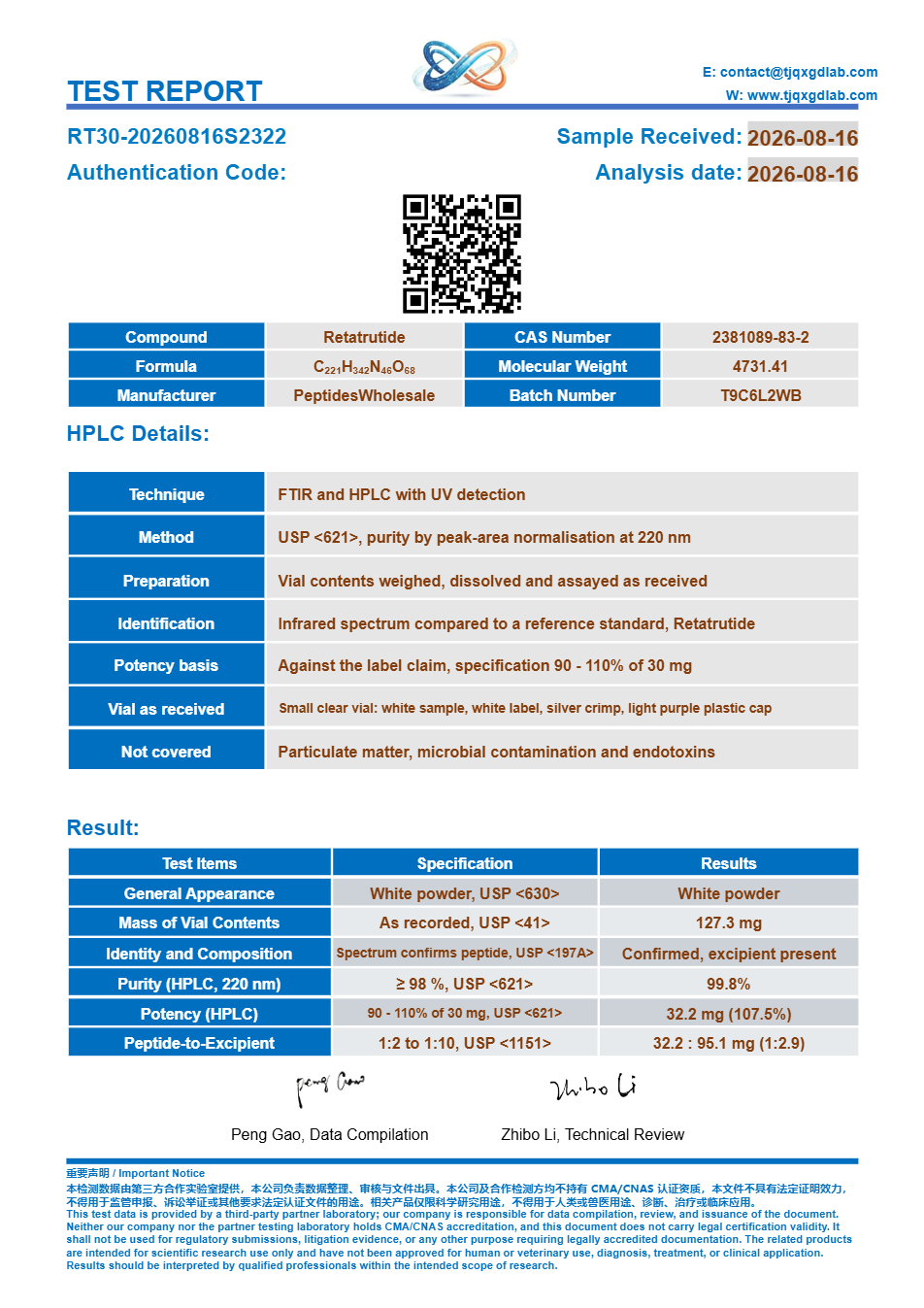Analysezertifikat, Retatrutide 30 mg, Charge RT30-20260816S2322, 99.8% HPLC-Reinheit