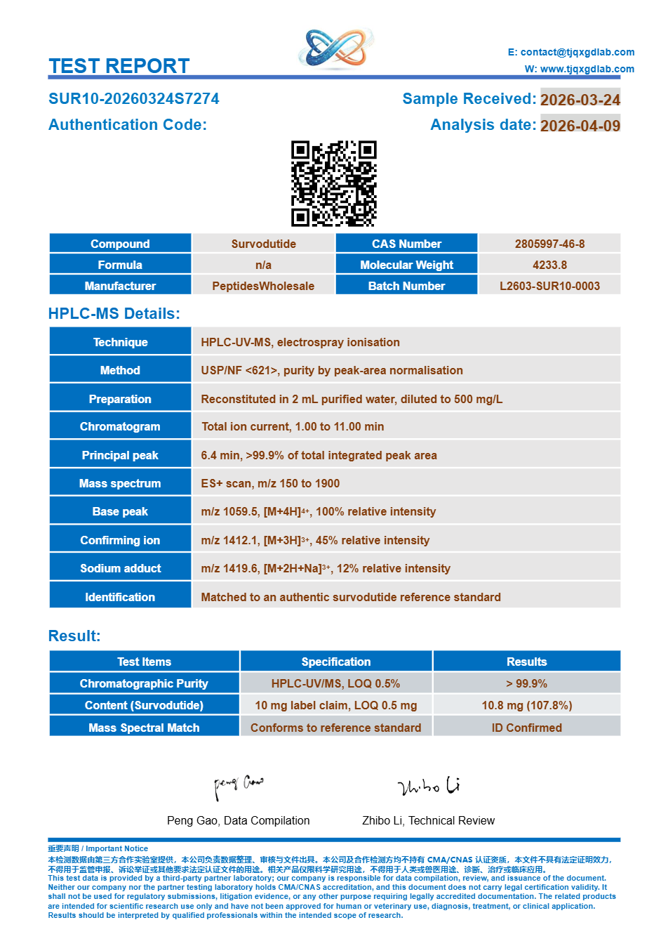Analysezertifikat, Survodutide 10 mg, Charge SUR10-20260324S7274, >99.9% HPLC-Reinheit